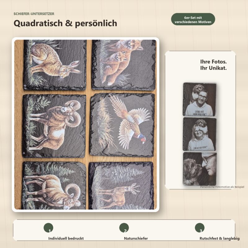 Quadratische Schiefer-Untersetzer – individuelles 6er-Set