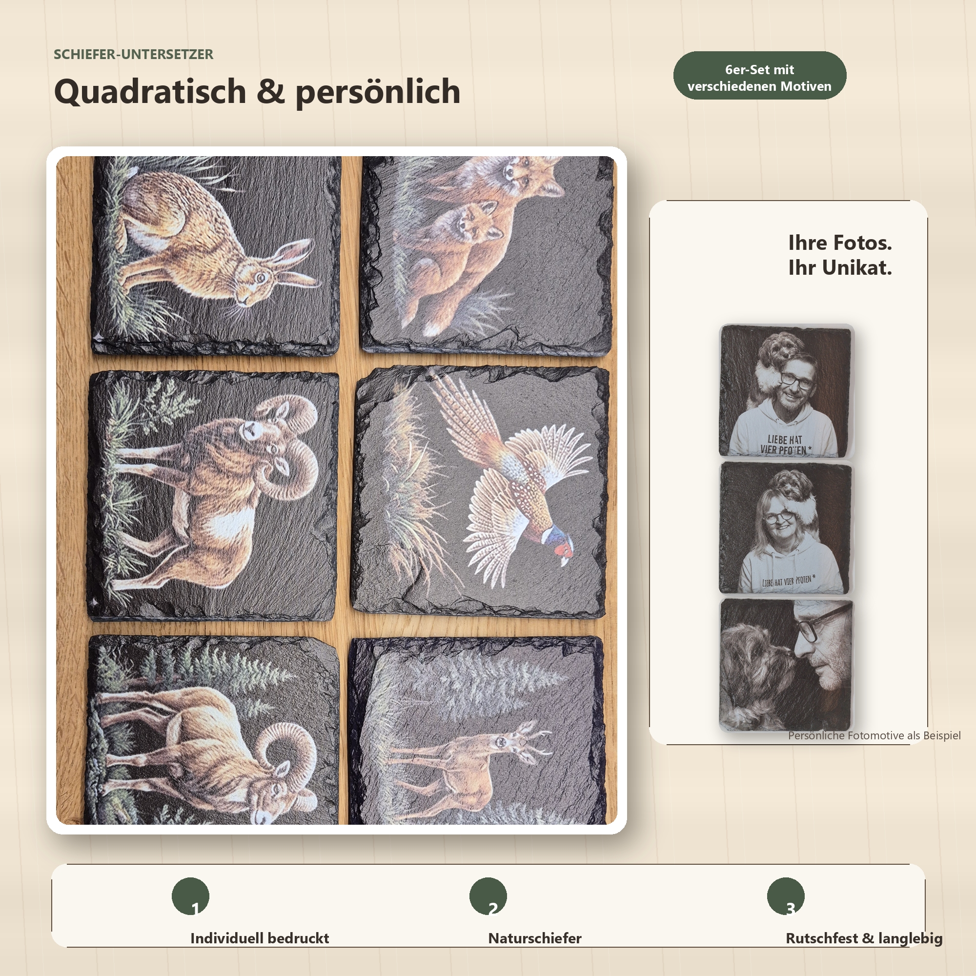 Quadratische Schiefer-Untersetzer – individuelles 6er-Set
